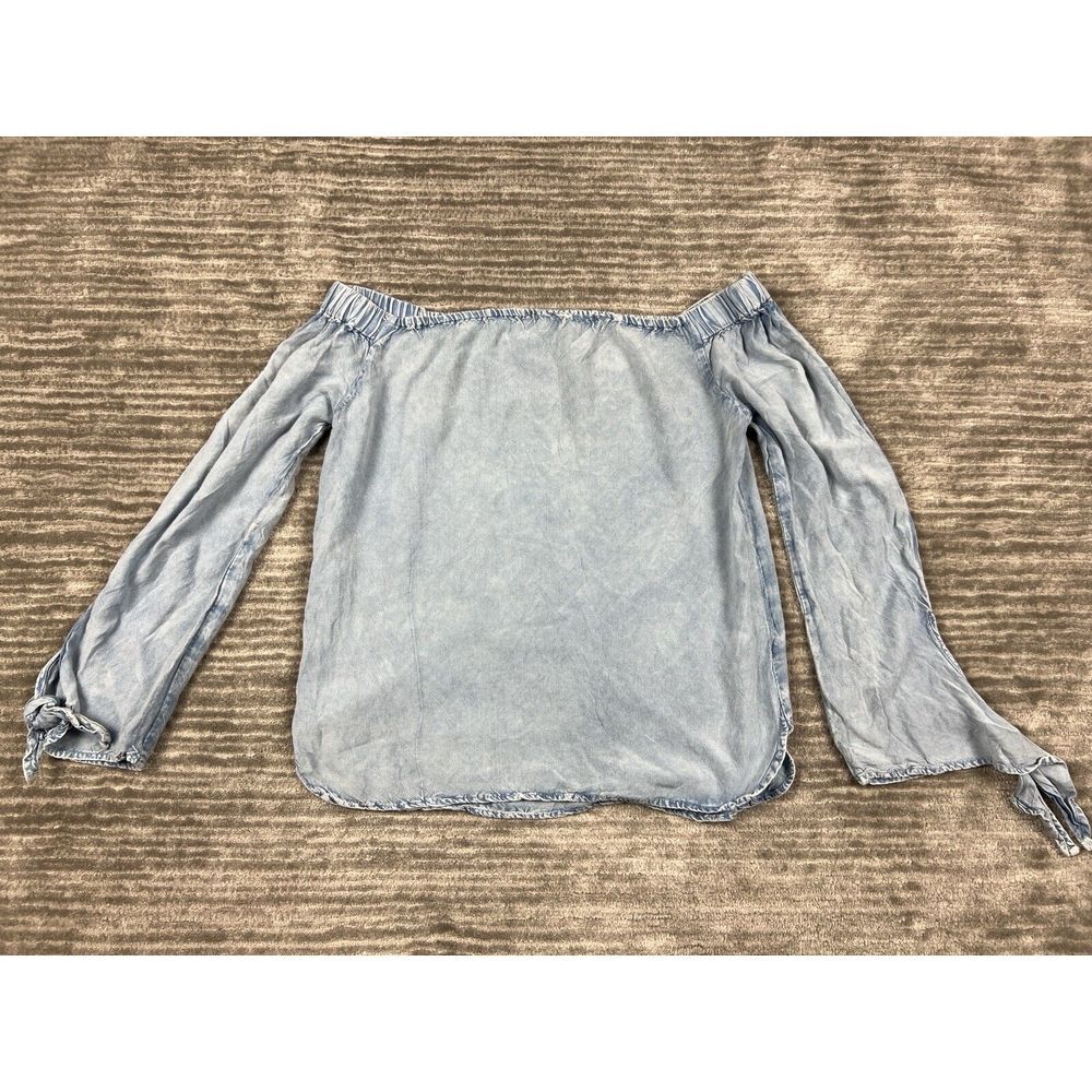 Tramp Top Womens Medium Blue‎ Off Shoulder Long Sleeve Chambray Rayon